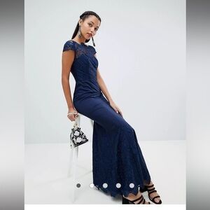 Chi Chi London Curve Lace Maxi Dress Navy Blue size 16 Off The shoulder